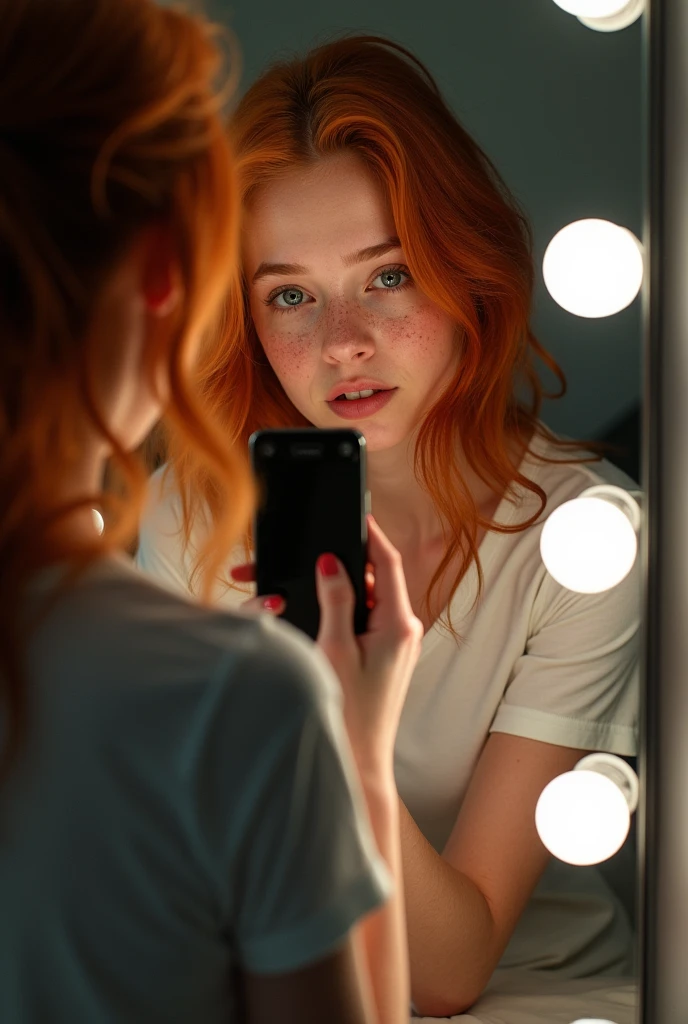 Photo d'une jeune fille redhead prenant un selfie dans sa chambre, striking a very sexy pose with her phone in front of her mirror. Elle est de corpulence moyenne. Le miroir est équipé de LED blanches. She is dressed. She is wearing a t-shirt ,face is visible,skin texture,skin pores,freckles,8K image.