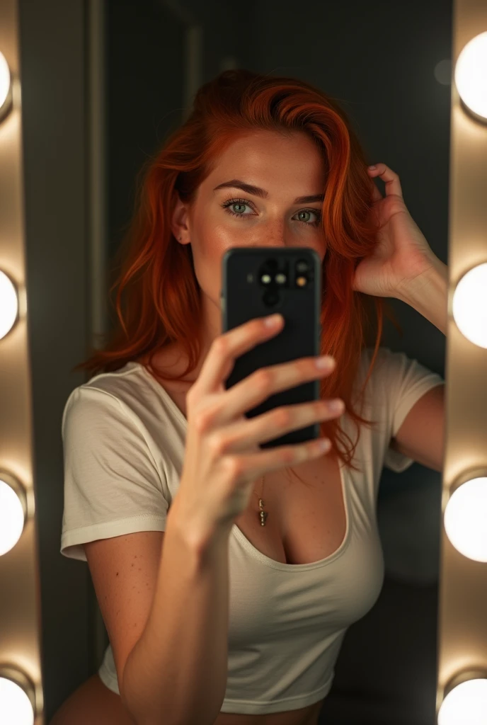 Photo d'une jeune fille redhead prenant un selfie dans sa chambre, striking a very sexy pose with her phone in front of her mirror. Elle est de corpulence moyenne. Le miroir est équipé de LED blanches. She is dressed. She is wearing a t-shirt ,face is visible,skin texture,skin pores,freckles,8K image.