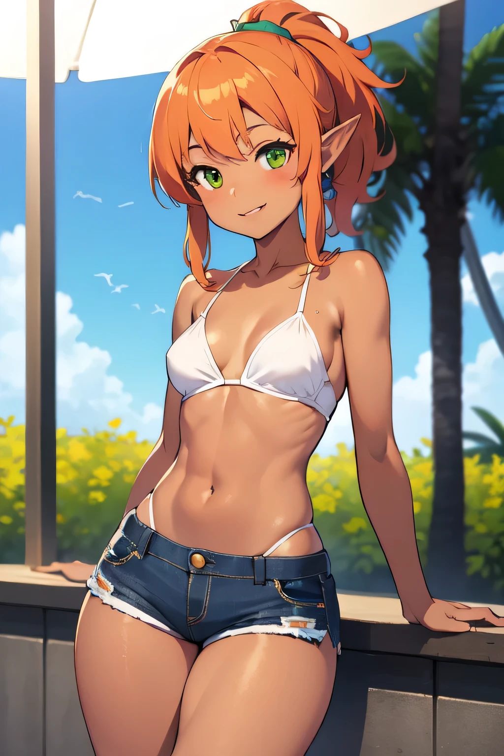 (High definition) (masterpiece), (tanned skin), Young elf girl, wide hips, small breasts, slender body, big thighs, beautiful legs, medium orange hair, green eyes, wearing white bikini top, black jeans shorts, with ponytail, relaxed pose, smiling