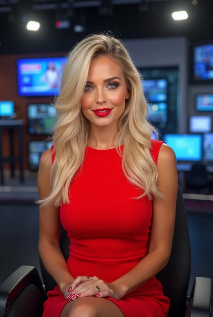 
A beutiful blonde Australian news anchor wi5h red lipstick , wearing a red dress in a news room presenting the news close up shes sisitting a chair 