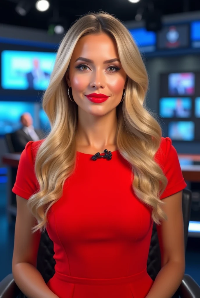 
A beutiful blonde Australian news anchor wi5h red lipstick , wearing a red dress in a news room presenting the news close up shes sisitting a chair 