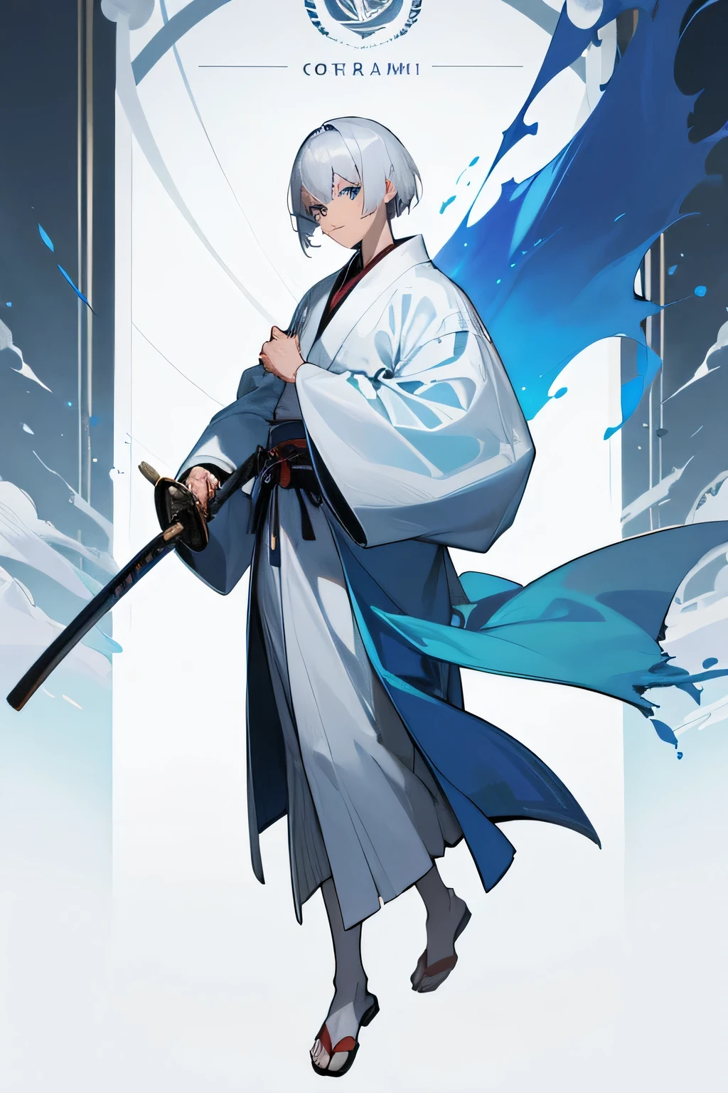 Boy, 16 years, of 180 centimeters, fair skin, hair Medium white and blue at the tips, light blue eyes, beautiful baggy clothes, Chinese slippers, a katana and ice around, aesthetic body,