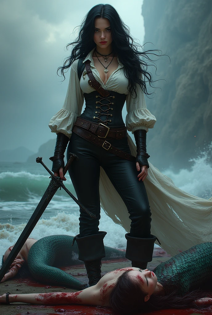 A full-body girl with black hair wearing pirate clothes and a sword in her hand, the same image but with dead mermaids behind her, is stained with black blood.