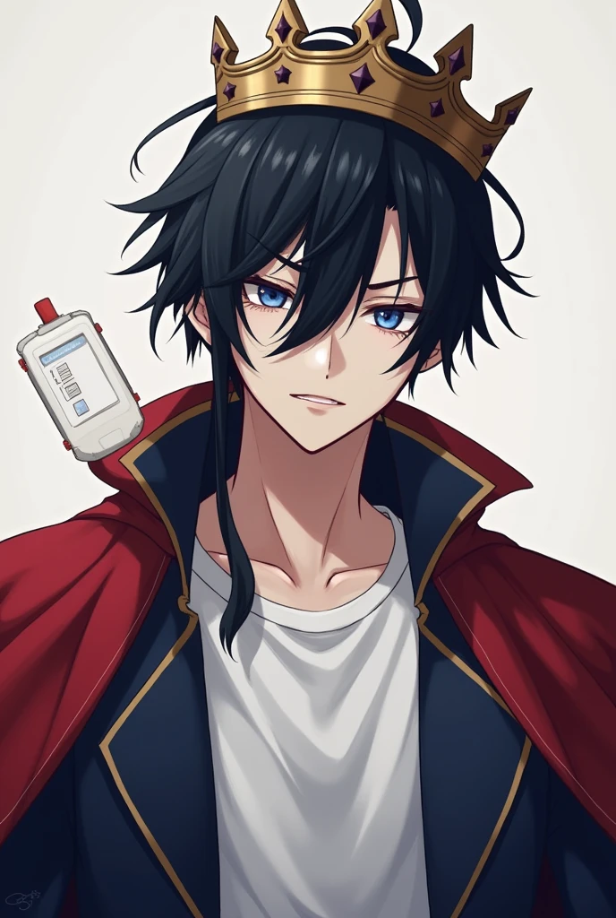 Red Cape,male,Black Hair, Asymmetrical bangs, Parting the bangs,Blue Eyes,Drooping eyes,White T-shirt,Navy blue jacket,smartphone,computer,Simple background,cool,Illness,Confused eyes,Distributor,crown,King,Shortcuts