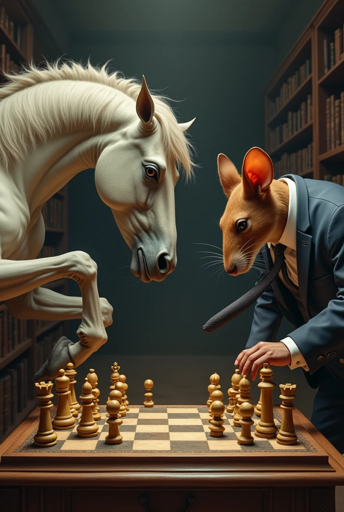 A horse-headed man fights an official depicted as a mouse in a tie while playing chess with each other.