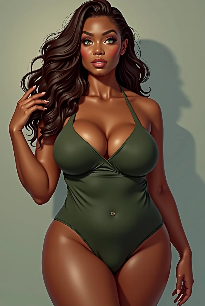 Brown hair. Green eyes thick thighs chubby belly fat bottom dark carmel skin. Wearing clothes dhe is outgrowing