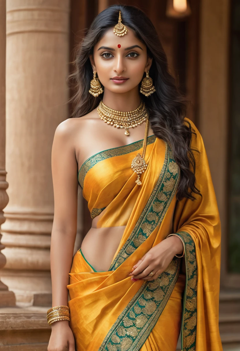 A girl, hot, golden glowing skin, Indian saree,(8k Quality) Ultra realistic, perfect body display ,(Full body view, round breasts,Thin waist, excellent anatomy, no foot jewelery