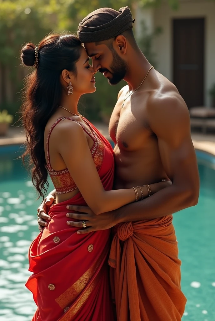 (photorealism:1.2), Romantic couple, romantic lift hug, A indian hindu curvy woman wearing saree and strap sleeveless blouse, ((big breast:1.2)) ((show cleavage)) and a muscular Muslim man wearing shirtless, dhoti and ((skull cap:1.2)) carrying lifting on shoulder, romantic lift-hug, romantic ambience, swimming pool background. 