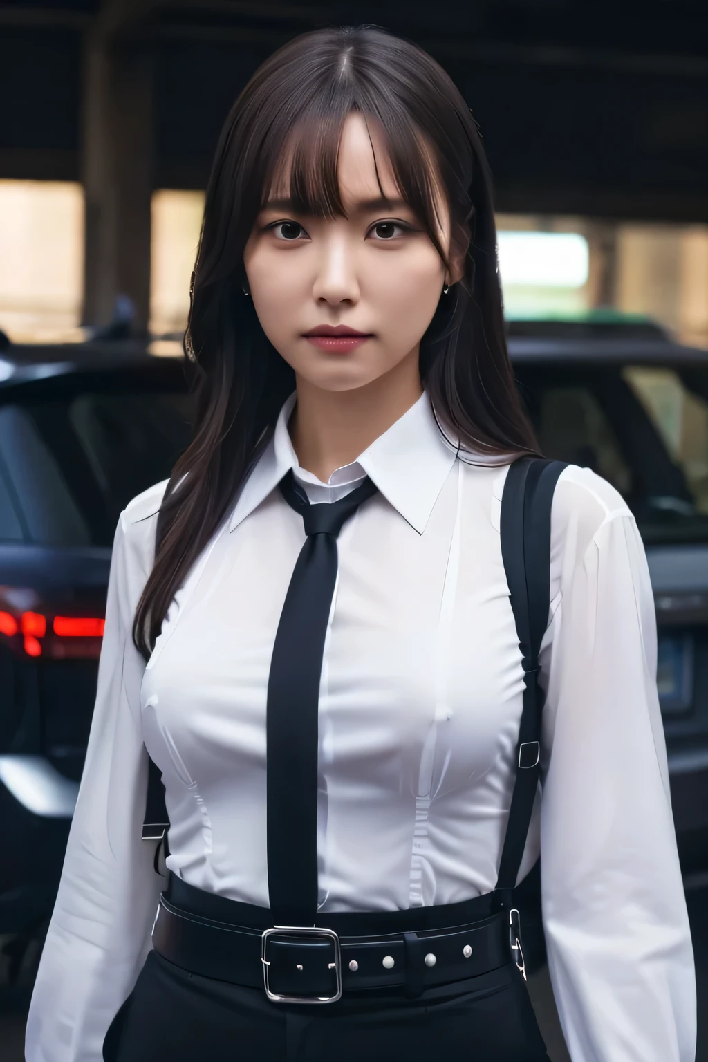 a woman in a suit, belt, hands behind back, sweating, suspenders, black pants, sexly, large breasts, see-through clothing, rain, detective, office worker, white button-up shirt, (best quality,4K,8k,highres,masterpiece:1.2),ultra-detailed,(realistic,photorealistic,photo-realistic:1.37),hyper-detailed,highly detailed face and body, Slender thin suspenders Moderate breasts See-through shirt Nipples holster chain Pistol Armament criminal Female criminal knife
