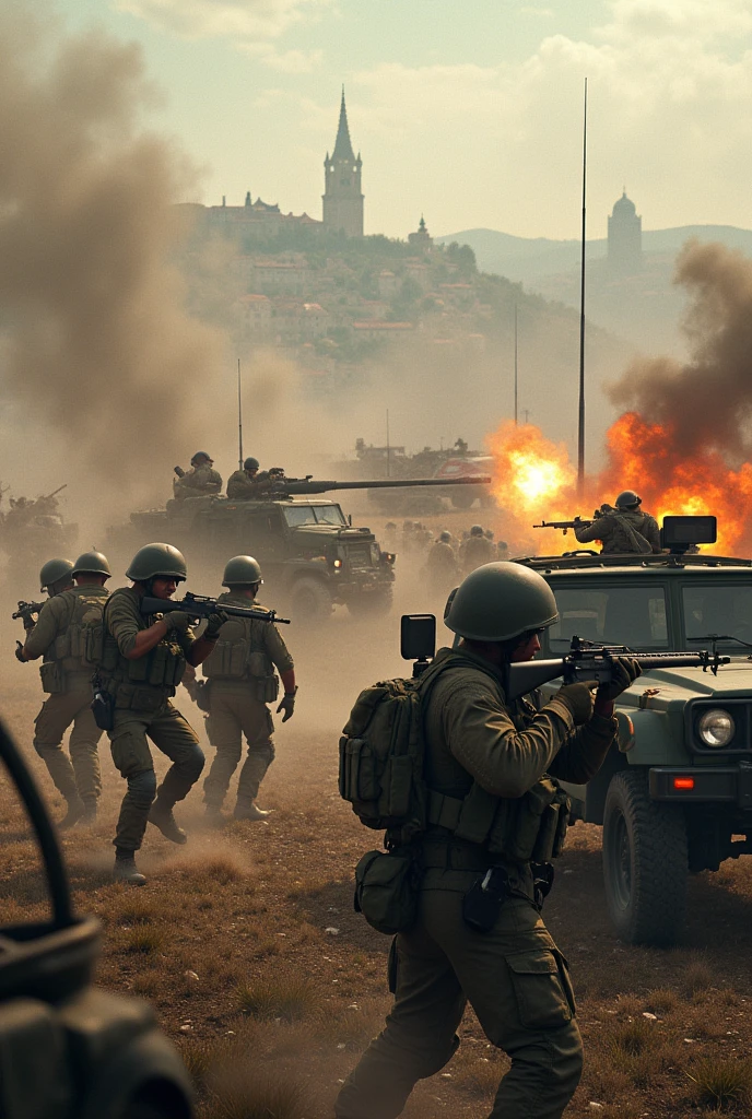 Create me an image of army currently on chaotic battle in the city of Lyon France (semi-open field) in 1970 without dirty road