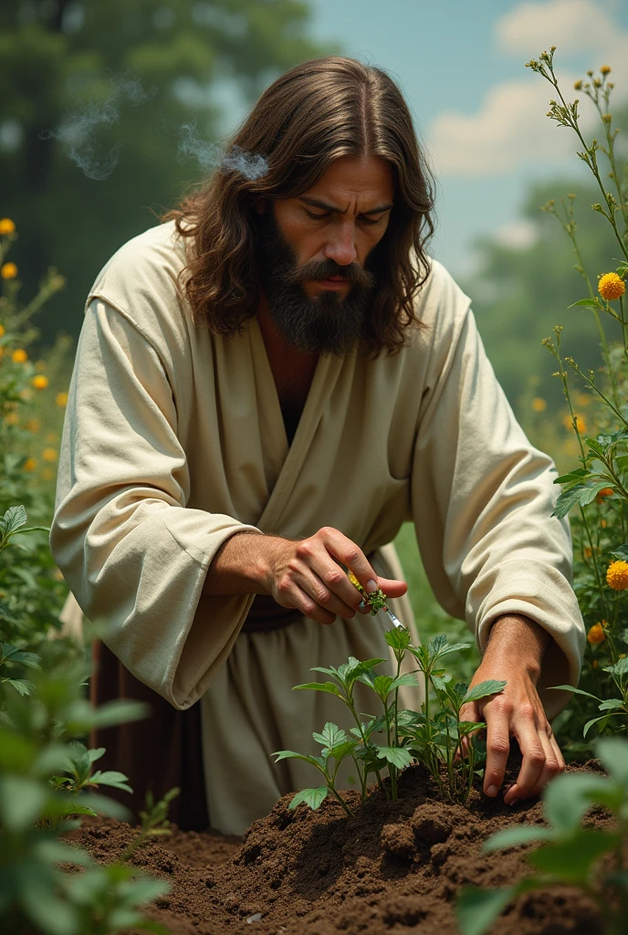 jesus has taking weeds in right hand and smoking