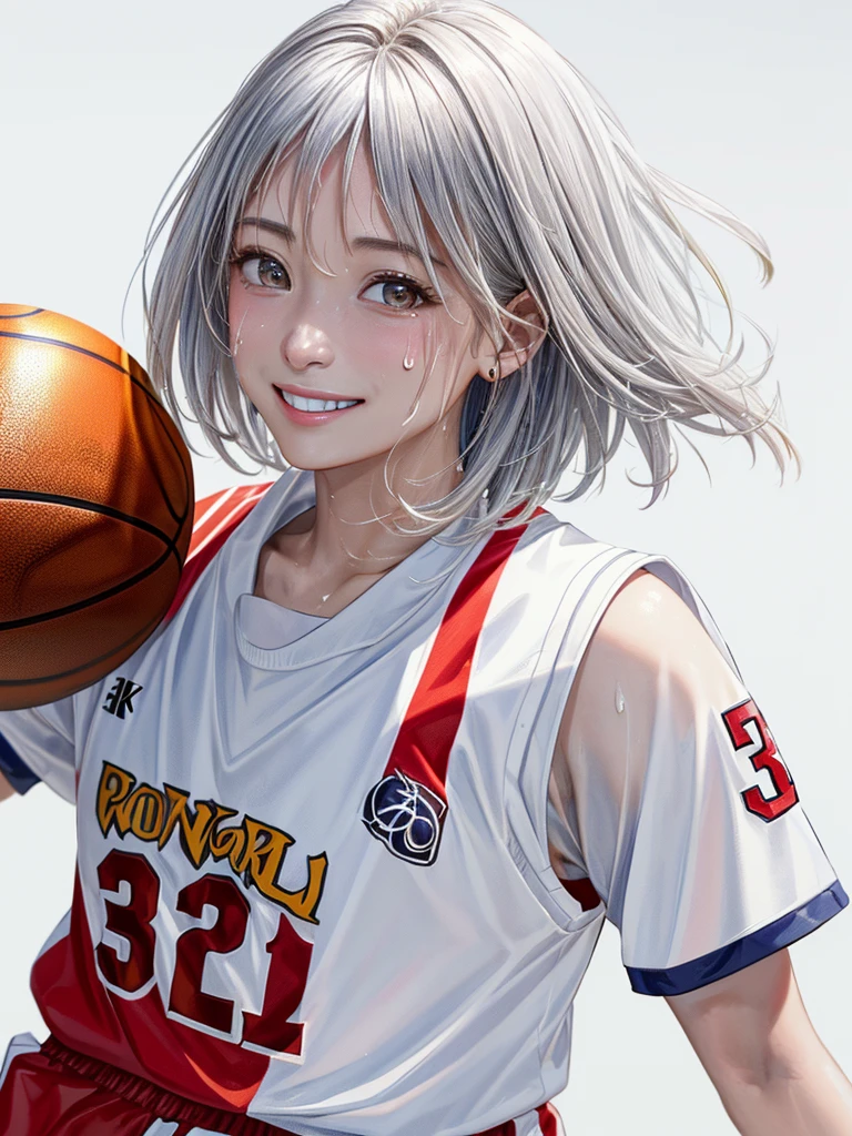 (((Highest quality、8k、32K、masterpiece)))、(Realistic)、(Photorealistic:1.2)、(High resolution)、Very detailed、Very beautiful face and eyes、1 person、Round and small face、Narrow waist、Delicate body、(close、Highest quality、Attention to detail、Rich skin detail)、(Highest quality、8k、Oil paints:1.2)、Very detailed、(Realistic、Realistic:1.37)、Bright colors、(((Silver Hair)))、(((Cowboy Shot)))、(((Medium Hair)))、(((Pure white wall background)))、(((Wearing a basketball uniform)))、(((White and red basketball outfit)))、(((smile)))、(((sweating)))、