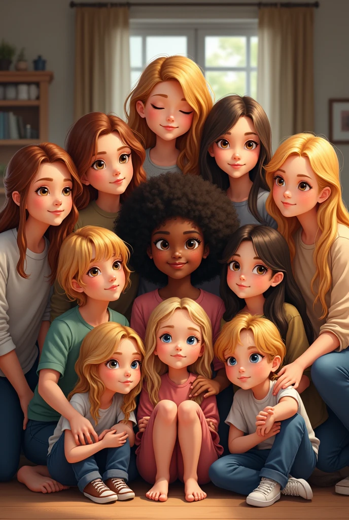 A family of 11 siblings, six of whom are men and seven of whom are women, and one of whom is dark-skinned with curly hair and looks , and the rest are blonde.