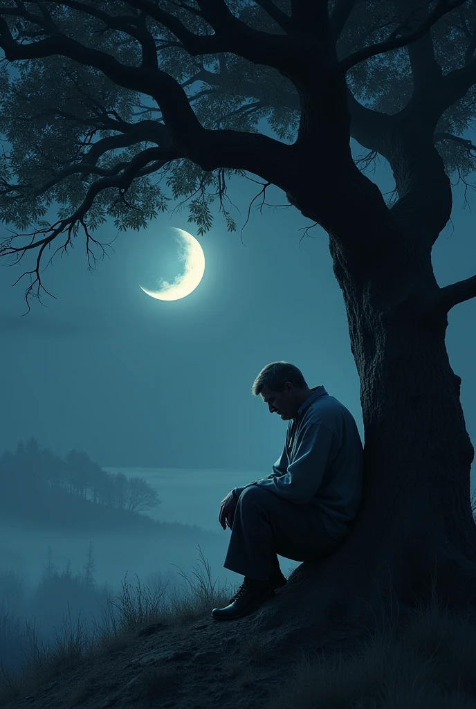 Give me a picture where a man is sitting under a tree sad in night
