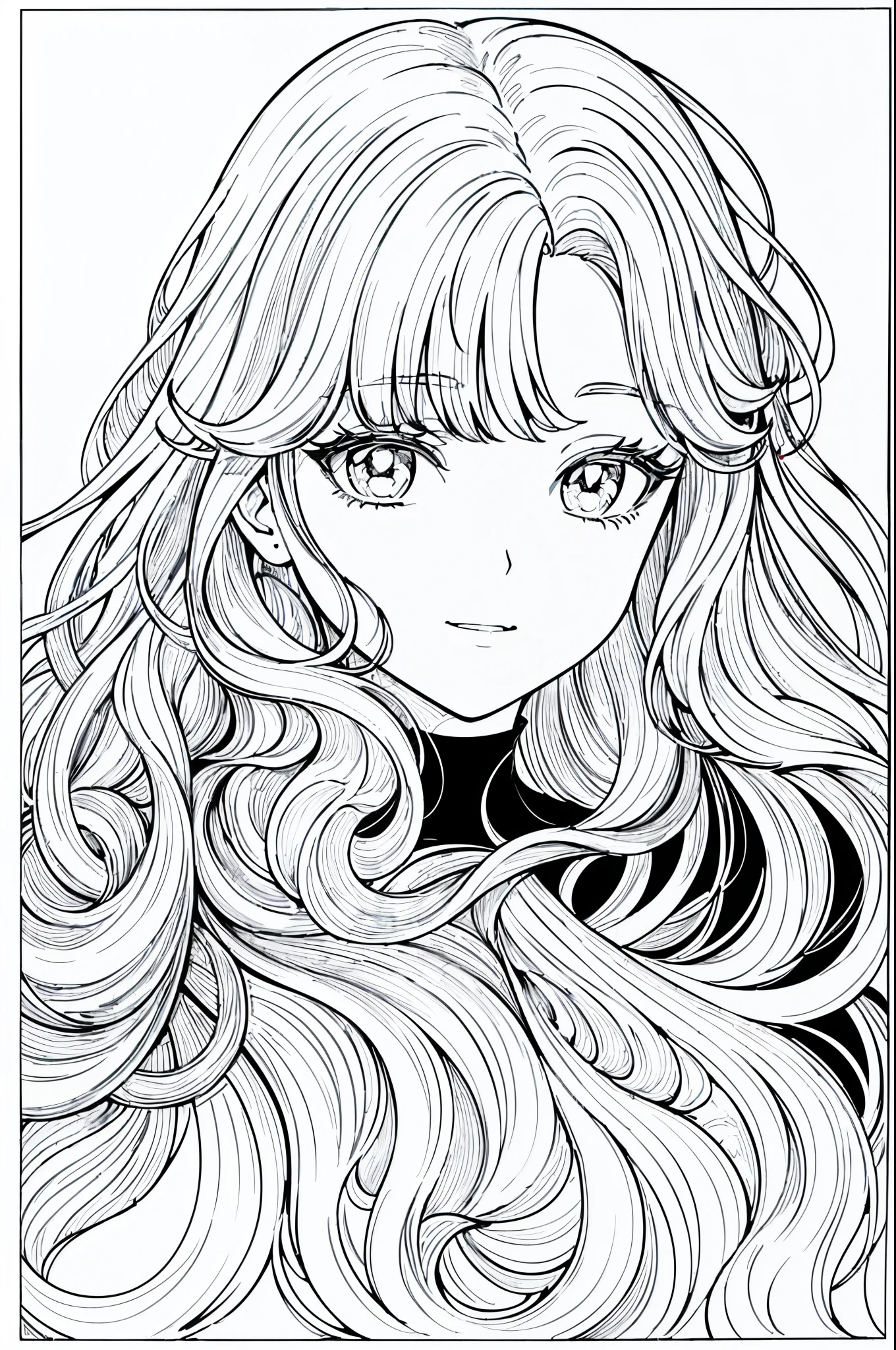 ((As a coloring book, the colors should be black and white, and the borders should be simple, clear, distinct and thick lines.)) European female face portrait, long curly hair, blonde, abstract, sketch, lines and scenes of characters without color and shadow. The back is a simple depiction.