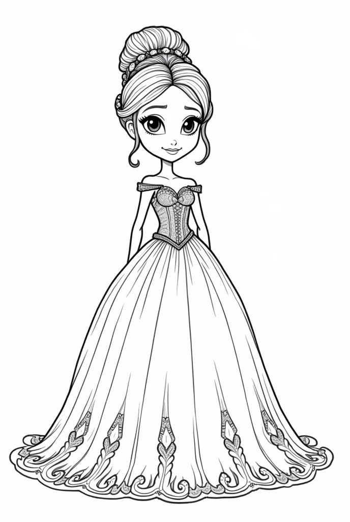 A line art for a children's coloring book with a Pixar-style wedding theme of the bride in an beautiful dress