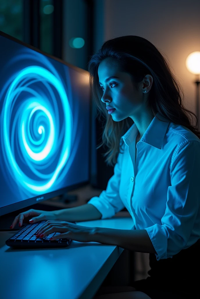 A sexy beautiful girls, white shirt, pencil skirt, work in office and look the screen of computers and her computer screen displayed a hypnotic glowing blue spiral and the woman's eyes appeared blue spirals as she looked at her computer screen and her became very hypnotized while looking at his computer screen and her was deeply hypnotized and his eyes turned into blue spirals then his face got closer to the screen then his face got closer to his screen with his eyes becoming blue spirals then he was very fascinated by the screen then her was so fascinated by the screen that her kissed the computer screen with his eyes turning into blue spirals until her droolled