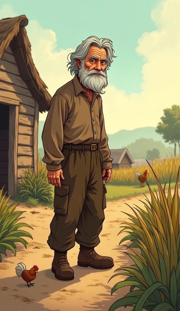 The farmer is an elderly man with a weathered face, grey hair, and a kind yet tired expression. He is dressed in simple, worn-out brown clothes, including a long-sleeved shirt, trousers, and boots. His hands are rough from years of hard work.
The scene takes place outside a small, humble farmhouse made of wood with a thatched roof. The area around the house is a modest farm with a few crops and a chicken coop. The sky is clear with the morning sun shining down, giving the scene a warm, golden glow.
Show as cartoons