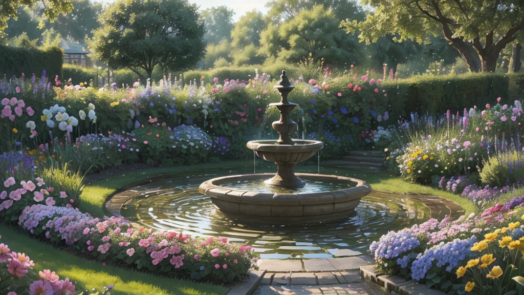 ((masterpiece)),((Highest quality)),((High Detail)),nobody,background,English Garden, Colorful flowers, Mr.々Various kinds of flowers, Birdbath, Morning light