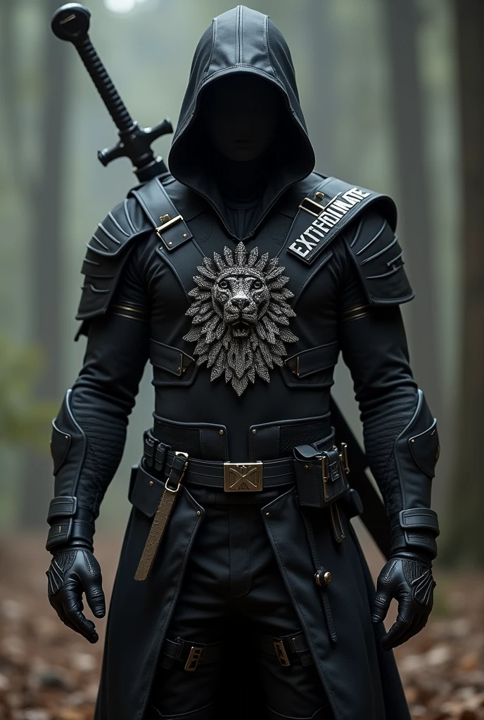 Create an image of a uniform made for monster hunters. black in color, with space for swords, diamond details On the front a symbol of a lion with a crown of thorns. On the back the word Exterminate.
de corpo inteiro