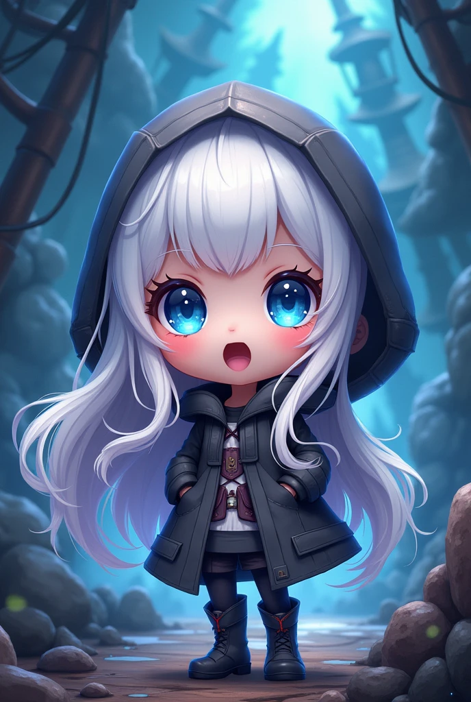 Chibi,cute,간단한 ship경,1 woman, alone, long_hair, looking for_~to_viewer, open_mouth, Red_eye, long_Sleeve, jacket, saturated_body, White_long hair, Boots, Hood, Chibi, Black color_footwear, Black color_jacket, blue_eye, coloRed_skin, Hooded_jacket, Cloak, Abyss_ship, performance, Hood_consolation, White_skin