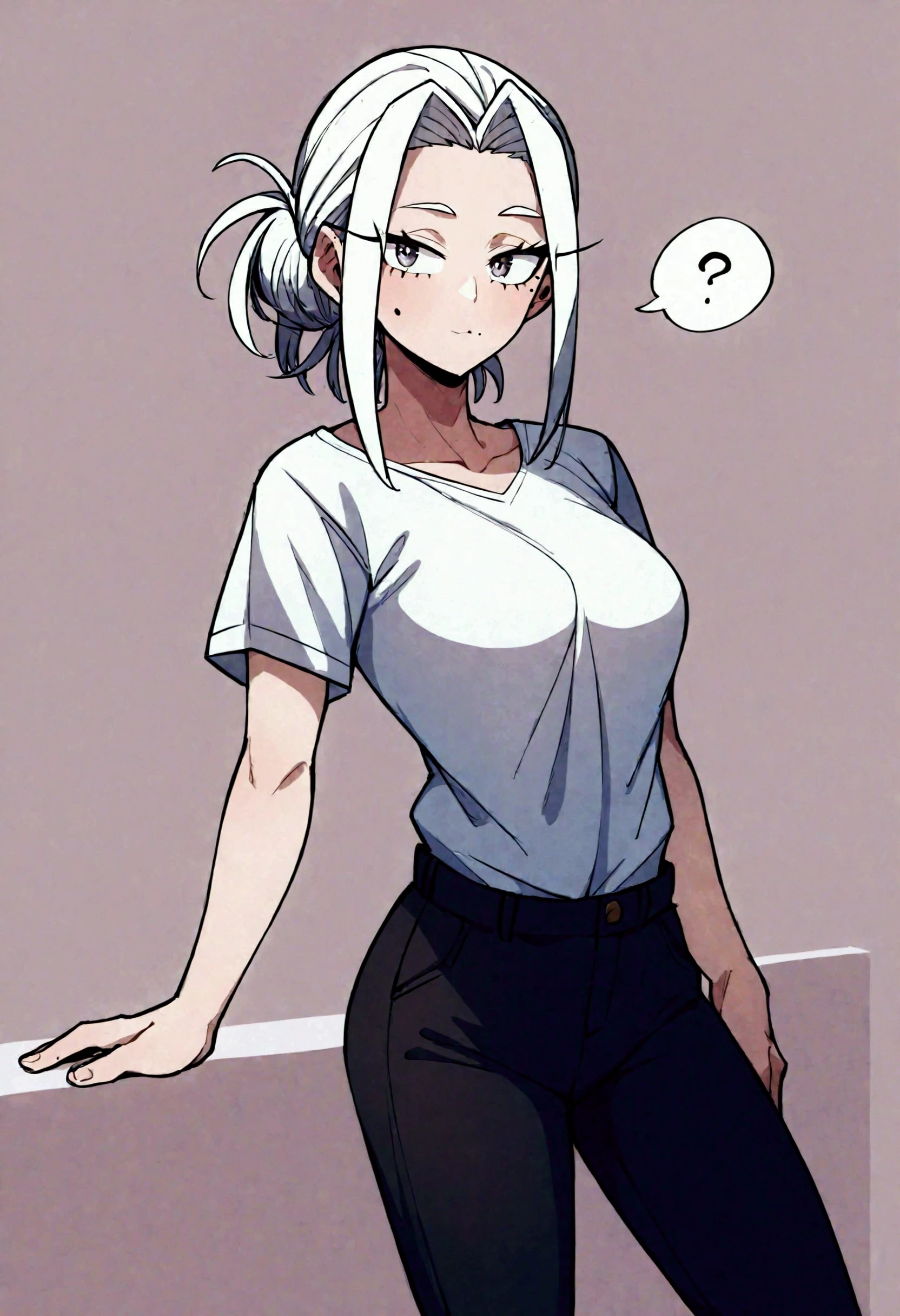 score_9, score_8_up, score_7_up, score_6_up, score_5_up, score_4_up, source_cartoon, rating_safe, by Kohei Horikoshi, 1girl, body shot, pale skin, beauty mark under one eye, curious expression, large eyelashes, white shirt, big breasts, black pants, long straight white hair, detailed, artstyle of my hero academia