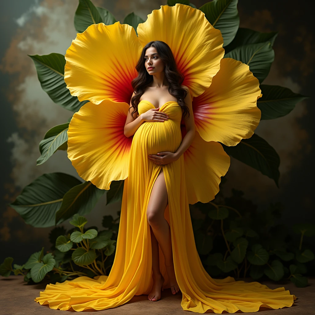 pregnant woman in yellow dress posing in front of large yellow flower, a portrait by Sam Black, some cloudy effect in ground and flower , leaf flowing in air ,shutterstock contest winner, art photography, draped with red hybiscus, rich yellow colors, draped in velvet and flowers, full body photoshoot, grayscale phtoto with yellow dress, maternal photography 4 k, award winning studio photo, in a yellow dress, rich yellow