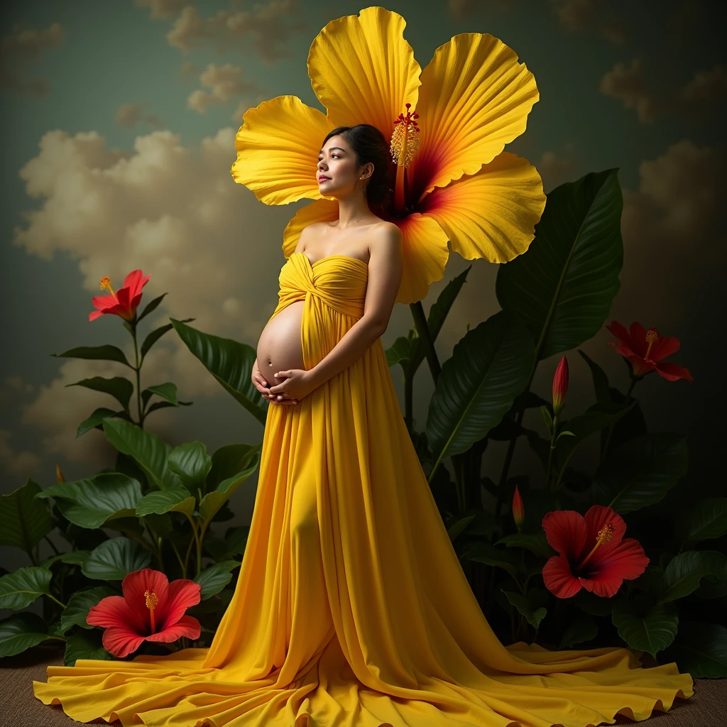 pregnant woman in yellow dress posing in front of large yellow flower, a portrait by Sam Black, some cloudy effect in ground and flower , leaf flowing in air ,shutterstock contest winner, art photography, draped with red hybiscus, rich yellow colors, draped in velvet and flowers, full body photoshoot, grayscale phtoto with yellow dress, maternal photography 4 k, award winning studio photo, in a yellow dress, rich yellow