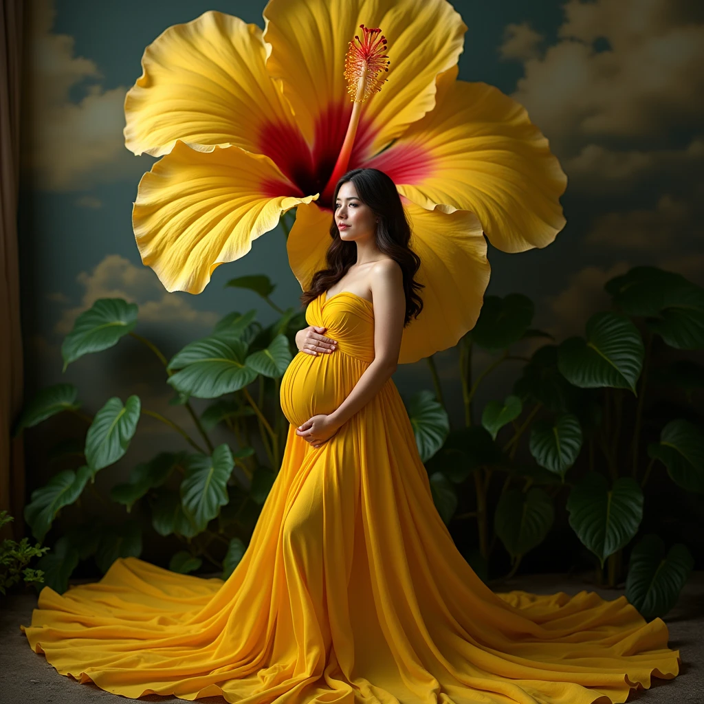 pregnant woman in yellow dress posing in front of large yellow flower, a portrait by Sam Black, some cloudy effect in ground and flower , leaf flowing in air ,shutterstock contest winner, art photography, draped with red hybiscus, rich yellow colors, draped in velvet and flowers, full body photoshoot, grayscale phtoto with yellow dress, maternal photography 4 k, award winning studio photo, in a yellow dress, rich yellow