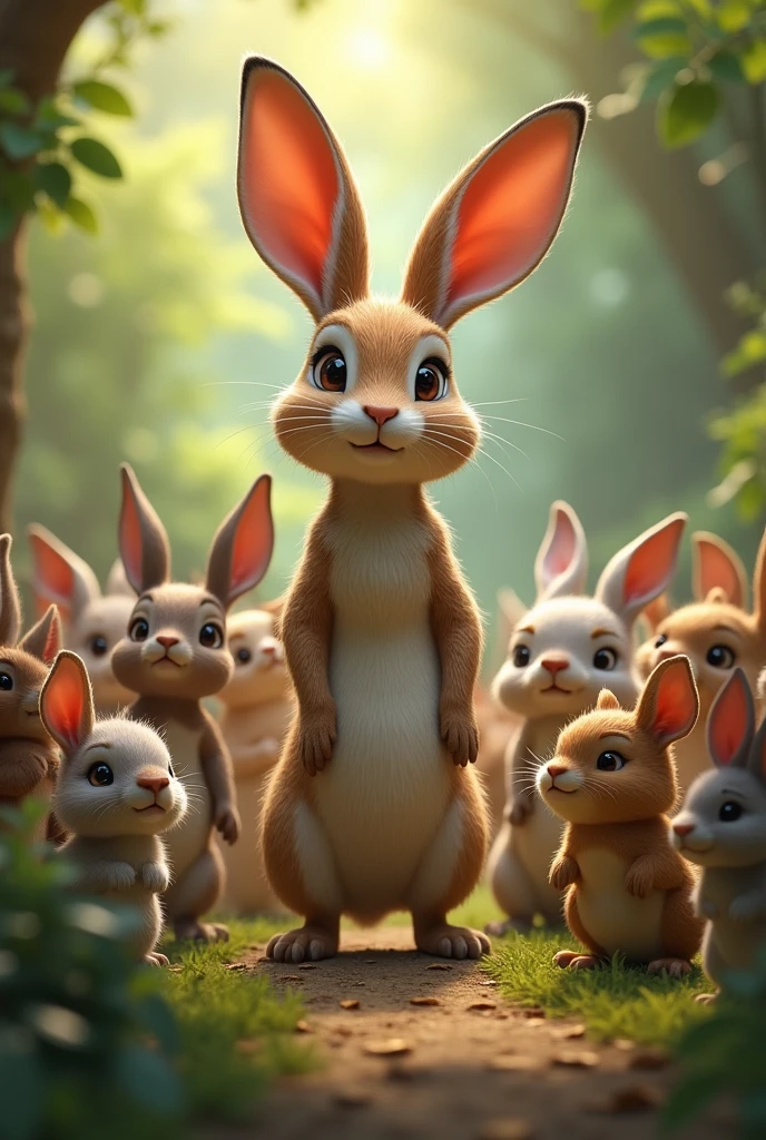 The clever rabbit standing tall, with all the animals around, showing gratitude and admiration for his bravery and intelligence.