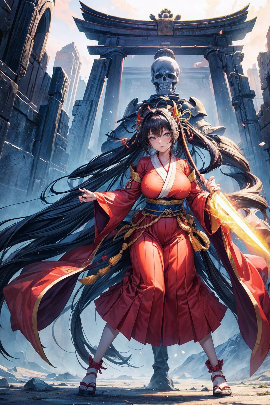 (((Highest quality)))(((Best Image)))(((anatomy)))外見は20代のwoman,Random hair color ,Random hairstyle,Wear a shrine maiden costume,Extreme costumes(((Appearance)))The shape is humanoid,Random Face(Beautiful Face),,Huge breasts,Tight waist,Wearing randomly colored armor(((Features)))Eye color is random,Personality is random,Attractive figure(((arms)))They are armed with weapons that are randomly colored glowing objects..Possess modern weapons.(((woman)))The skeleton is human-like,Huge breasts,Tight waist,fogのようなガス状のもので纏っている(((background)))Barren Land,dead tree,fog,Chaotic world(((Standing posture)))ランダムなStanding postureをしている,mysterious,lovely,Highest quality((Full Body Shot))