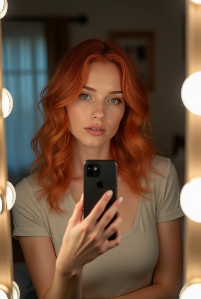 Photo d'une jeune fille redhead prenant un selfie dans sa chambre, striking a very sexy pose with her phone in front of her mirror. Elle est de corpulence moyenne. Le miroir est équipé de LED blanches. She is dressed. She is wearing a t-shirt,face is visible,skin texture,skin pores,8K image.