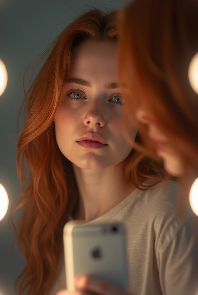 Photo d'une jeune fille redhead prenant un selfie dans sa chambre, striking a very sexy pose with her phone in front of her mirror. Elle est de corpulence moyenne. Le miroir est équipé de LED blanches. She is dressed. She is wearing a t-shirt,face is visible,skin texture,skin pores,8K image.