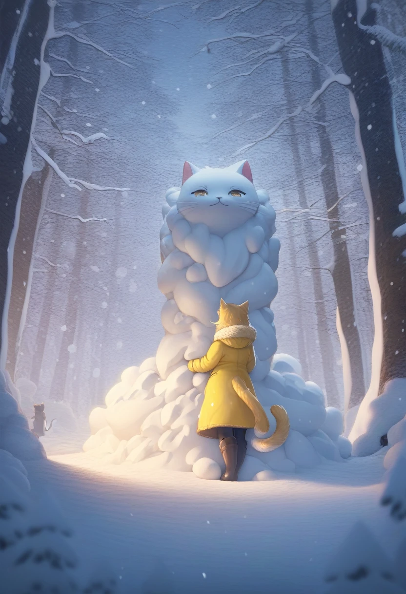 ((Masterpiece)), ((Best Quality)), (Very Detailed), ((Very Detailed)), 4K, (8K), very aesthetic, absurdres highres, 1 woman, (anthropomorphic cat, furry, kemono:1.5), In a snowy landscape, a woman wearing a bright yellow raincoat is creating a detailed snow sculpture of a cat. The scene is set in a quiet forest during a gentle snowfall, with the evening light providing a warm contrast to the cold surroundings. The vibrant yellow of her coat stands out against the white snow, and her movements as she sculpts the snow are captured in mid-action. The background features snow-covered trees and distant mountains, adding depth to the scene.