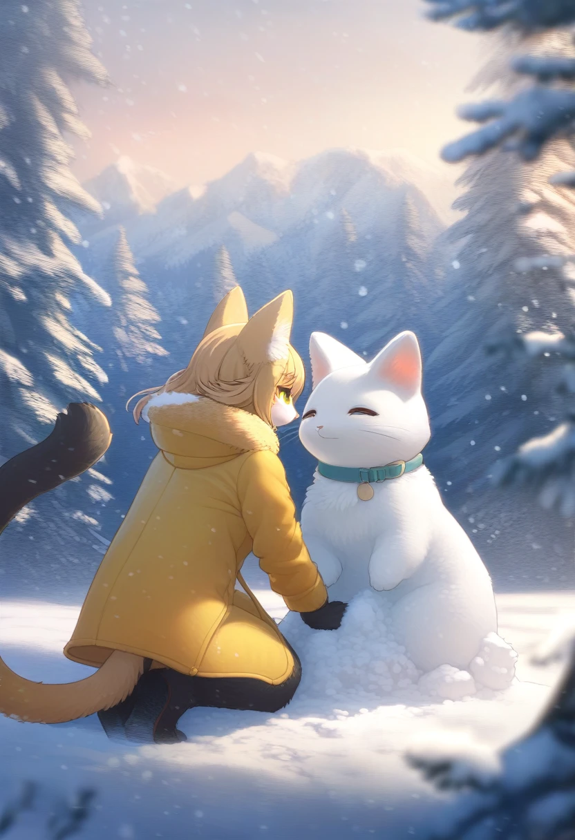 ((Masterpiece)), ((Best Quality)), (Very Detailed), ((Very Detailed)), 4K, (8K), very aesthetic, absurdres highres, 1 woman, (anthropomorphic cat, furry, kemono:1.5), In a snowy landscape, a woman wearing a bright yellow raincoat is creating a detailed snow sculpture of a cat. The scene is set in a quiet forest during a gentle snowfall, with the evening light providing a warm contrast to the cold surroundings. The vibrant yellow of her coat stands out against the white snow, and her movements as she sculpts the snow are captured in mid-action. The background features snow-covered trees and distant mountains, adding depth to the scene.