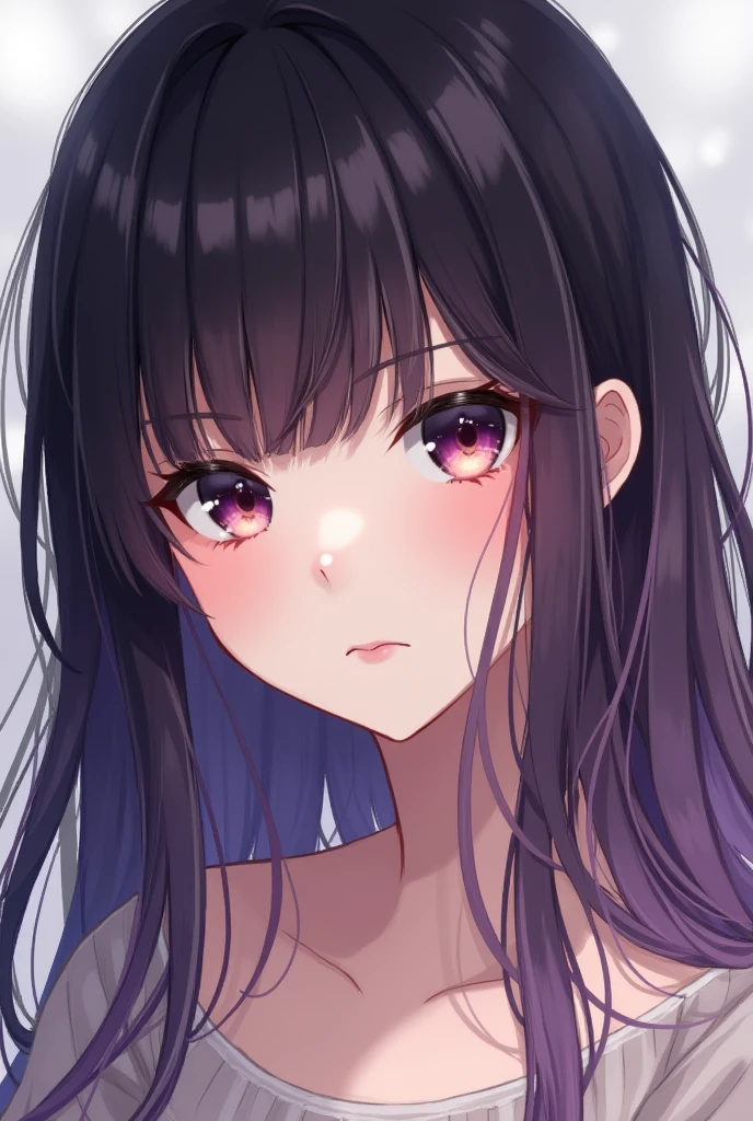 Please make a cute character. Her hair is dyed purple, but the color has faded a lot and a lot of black hair has grown out. She has bangs, so her hair comes down to below her chest. Her eyebrows are not visible. Her eyes are dark brown. Please draw her so that she looks like she's .