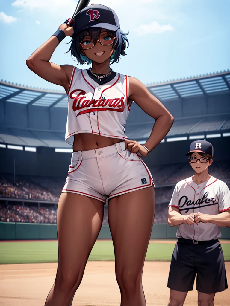 (masterpiece), best quality, expressive eyes, perfect face,1femboy, holding_baseball_bat, baseball_uniform, baseball stadium,evil smile, very short_shorts, (sleeveless), (wide_hips:1.2), short_hair, swinging bat,hitting ball,blunt bangs,(tanlines:1.2),dark skin,glasses