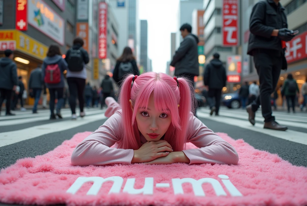 (Japanese middle-aged woman), (40 years old), (Deadpool Women), ピンク色の髪でツインテールのDeadpool Women、In the middle of Tokyo's scramble crossing「mu-mi」She is lying on a pink bath mat with the words、Surrounded by passers-by。