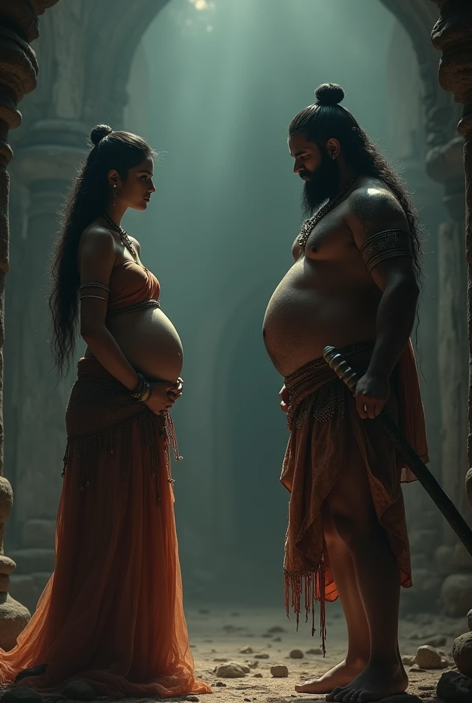 Prompt: A young Devaki, pregnant with her eighth , stands before her evil brother, Kansa. A menacing aura surrounds Kansa as he clutches a weapon, ready to strike. A prophecy hangs heavy in the air, foretelling the child's fate as the destroyer of Kansa.
