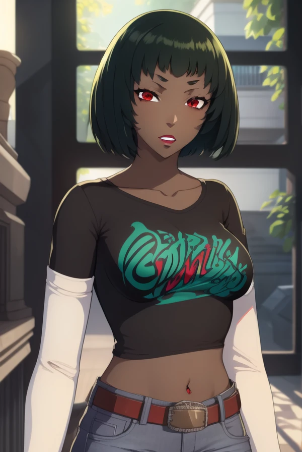 emeraldsustrai, short hair, (red eyes:1.5), green hair, dark skin, dark-skinned female,1girl, solo, black t-shirt, white shirt, blue jeans, belt, lipstick, large breasts, layered sleeves