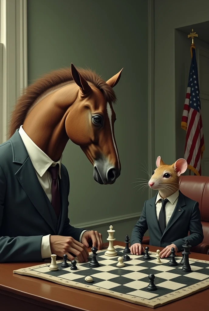 A man in a suit with a horse's head fights an official depicted as a mouse in a tie while playing chess with each other.