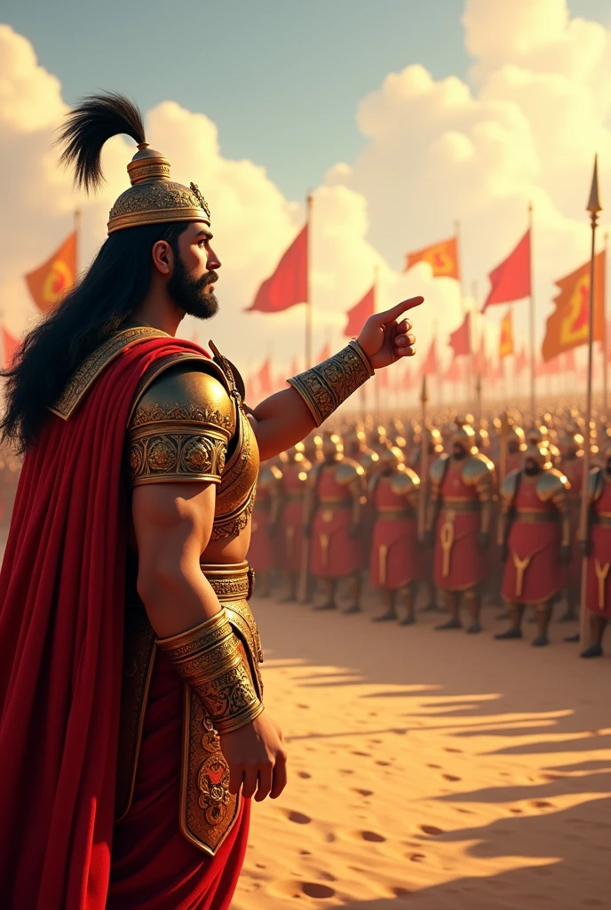 Generate in cinemetic 3d Cartoon**Warrior Assembly:** "A high-resolution scene showing Duryodhana, in royal armor, pointing out to Dronacharya the assembled great warriors of the Pandava army. The Pandava forces are arranged in a formidable and organized formation, showcasing their might and readiness for battle."