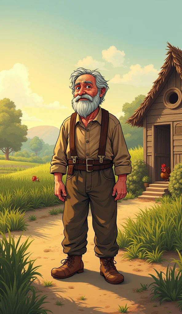 The farmer is an elderly man with a weathered face, grey hair, and a kind yet tired expression. He is dressed in simple, worn-out brown clothes, including a long-sleeved shirt, trousers, and boots. His hands are rough from years of hard work.
The scene takes place outside a small, humble farmhouse made of wood with a thatched roof. The area around the house is a modest farm with a few crops and a chicken coop. The sky is clear with the morning sun shining down, giving the scene a warm, golden glow.

Show as cartoons 