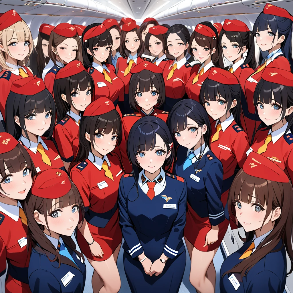 ((Highest quality)), ((masterpiece)), (detailed), （Perfect Face）、The woman is Reika Aoki with semi-long hair、The woman is a flight attendant for a Chinese airline.、Several flight attendants in red uniforms taking a group photo