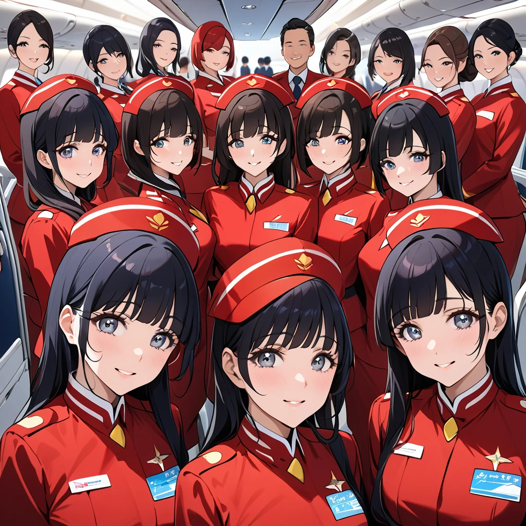 ((Highest quality)), ((masterpiece)), (detailed), (Perfect Face)、The woman is Reika Aoki with semi-long hair、The woman is a flight attendant for a Chinese airline.、Several flight attendants in red uniforms taking a group photo