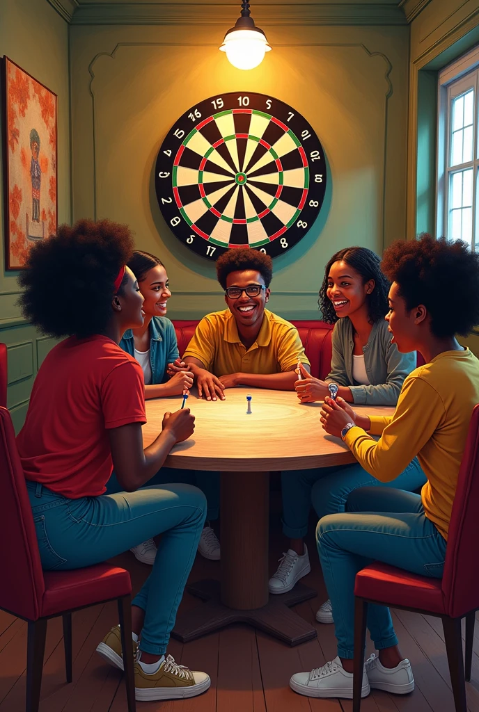 african american university students playing darts. Image must be art style.