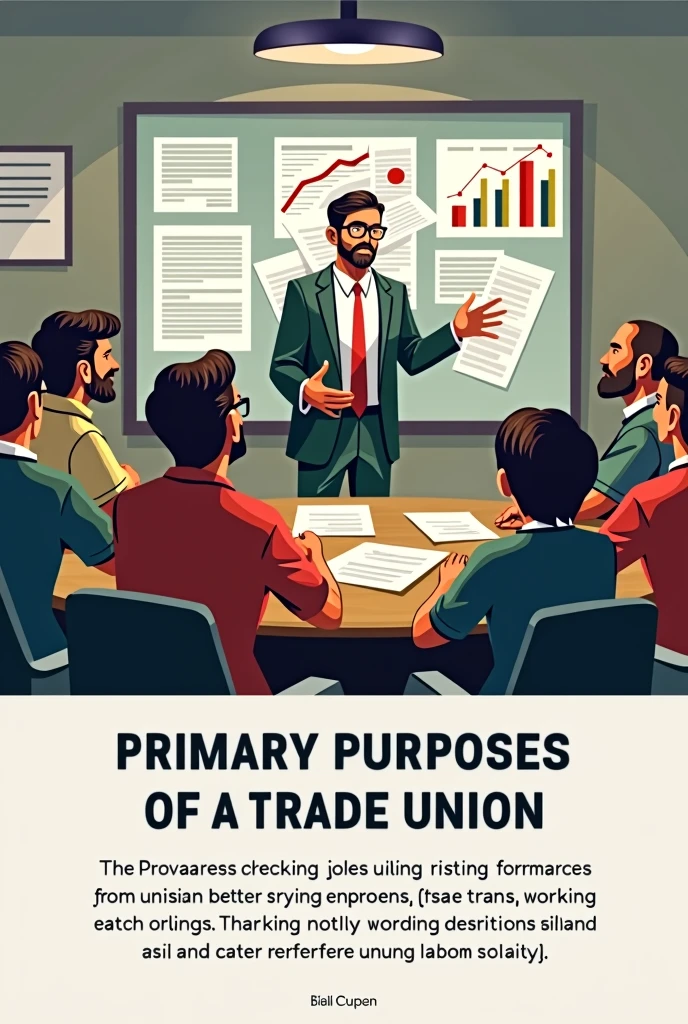 in SpanishVignette 2: Purposes of a Trade Union

(scene: A group of workers, Now at a union meeting. A character is in front with graphs and documents.)

character 2: “Trade unions seek to improve working conditions, Negotiate wages and defend workers&#39; rights.” Text at the bottom: “The main purposes of a union include: better salaries, working conditions and labour rights.”