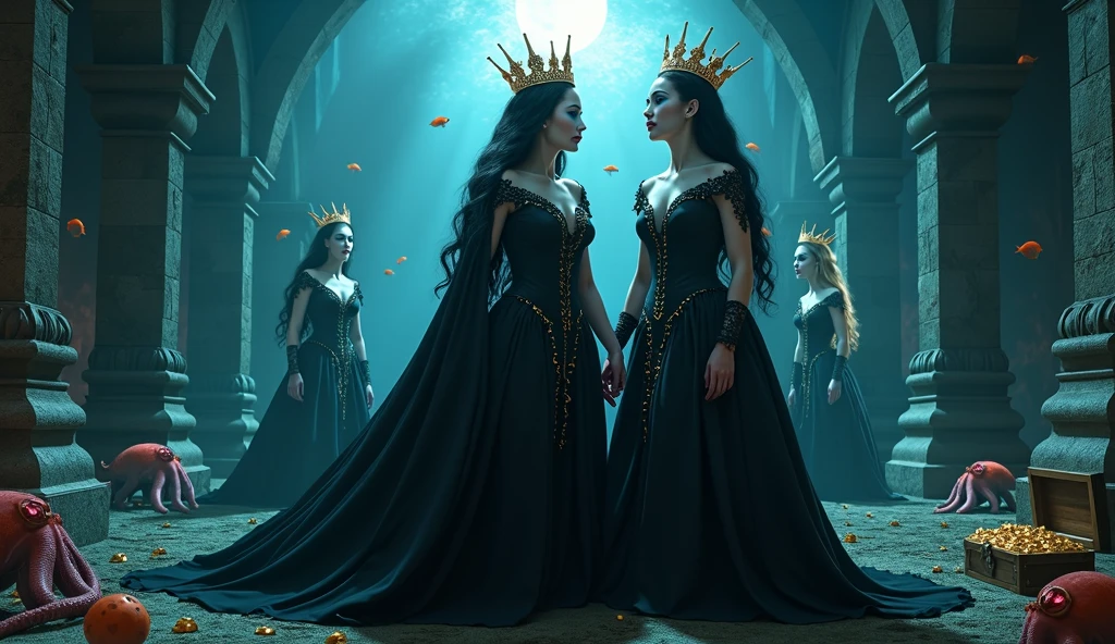  full-body shot,(extra wide angle 16:9 a big ballroom). (2 super realistic 18 y.o. gorgeous European vampire twin queens in front, dressed in a black ripped many layered medieval lace-dresses in many layered riven and flowing  with gothic garnish. Hyper-realistic blue sharp eyes 1:1, black long flowing hair with black crowns 1:1 )and in the background are 3 gorgeous queens with bright blue sharp eyes, light blonde long hair, wearing gold crowns with pink crystals and white and pale pink lace medieval dresses 1:2. All the queens have best perfect hands, five fingers on each hand, small breasts cleavage, (hyper realistic perfect eyes 1:1). Face with Pale perfect detailed skin 1:1. Hyper detailed skin on body 1:1. Their faces have pale colored perfect detailed skin 1:1.  They are all floating in a dark deep sea above a((big medieval ballroom very old realistic 1:3) in an old gothic perished palace)) on the bottom of the sea. Night scene with only pale moonlight. On the bottom of the palace floor are pink corals. Sea moss. Bright colored blue, pink, orange, green fishes swimming around. Octopus. Treasure chest with gold coins and jewelry in it. A fantastic scene that uses 3D Surreal 3D model. (((Best eyes))) The entire setup is masterpiece 1:3 framed with the grandeur of medieval gothic style. photographed in a Canon EOS R5, 50mm Lens, F/2.8, (8K)"