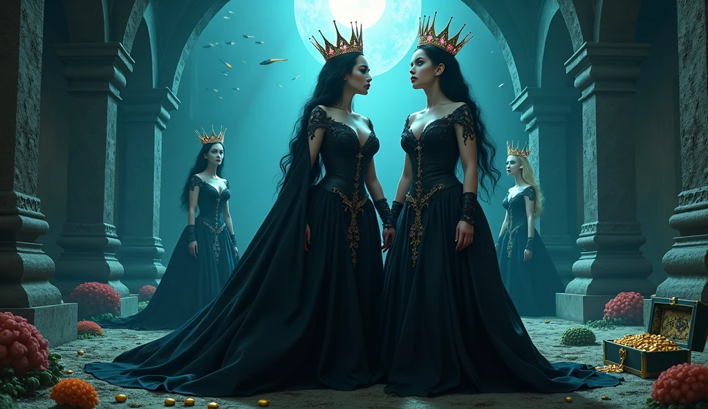 full-body shot,(extra wide angle 16:9 a big ballroom). (2 super realistic 18 y.o. gorgeous European vampire twin queens in front, dressed in a black ripped many layered medieval lace-dresses in many layered riven and flowing with gothic garnish. Hyper-realistic blue sharp eyes 1:1, black long flowing hair with black crowns 1:1 )and in the background are 3 gorgeous queens with bright blue sharp eyes, light blonde long hair, wearing gold crowns with pink crystals and white and pale pink lace medieval dresses 1:2. All the queens have best perfect hands, five fingers on each hand, small breasts cleavage, (hyper realistic perfect eyes 1:1). Face with Pale perfect detailed skin 1:1. Hyper detailed skin on body 1:1. Their faces have pale colored perfect detailed skin 1:1. They are all floating in a dark deep sea above a((big medieval ballroom very old realistic 1:3) in an old gothic perished palace)) on the bottom of the sea. Night scene with only pale moonlight. On the bottom of the palace floor are pink corals. Sea moss. Bright colored blue, pink, orange, green fishes swimming around. Octopus. Treasure chest with gold coins and jewelry in it. A fantastic scene that uses 3D Surreal 3D model. (((Best eyes))) The entire setup is masterpiece 1:3 framed with the grandeur of medieval gothic style. photographed in a Canon EOS R5, 50mm Lens, F/2.8, (8K)"