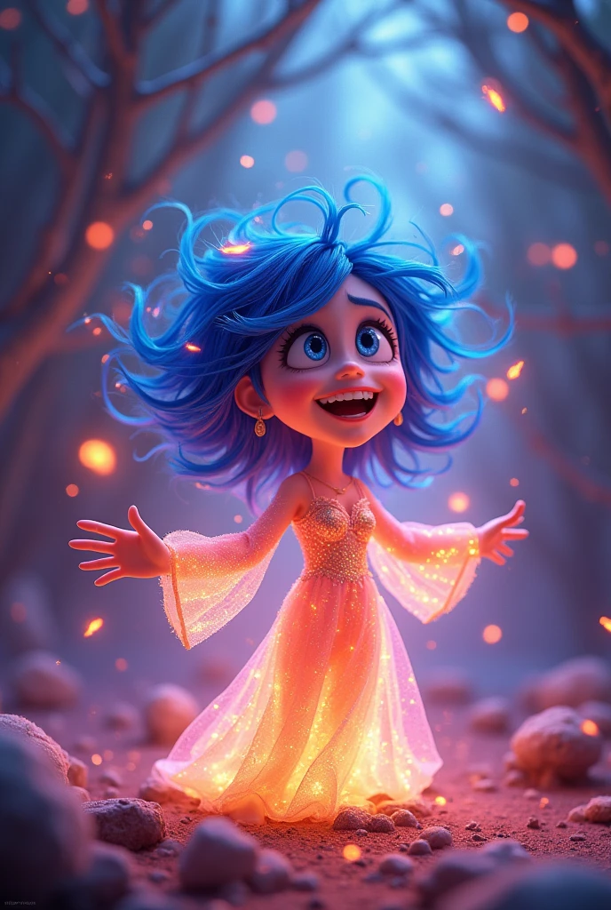 Sophia lillis , Estilo Pixar, no estilo de objetos tridimensionais luminosos, tem um sorriso de desenho animado, com olhos bonitos, pele clara e bochechas cor-de-rosa, A winning photo in the community contest, morango longo, Holding the edge of her dress with both hands, ligeiramente elevado, - cabelos vermelhos, Espinho, cabelos vermelhos muito cacheados, Sentimentos na praia, iridescence/lustro, Imagem realista ultra detalhada, 16K - Estilo Expressivo - Negi 5, best quality, alta qualidade, high resolution, Reinforcement Details, sendo capa de um filme, logo com o nome de; Delirium